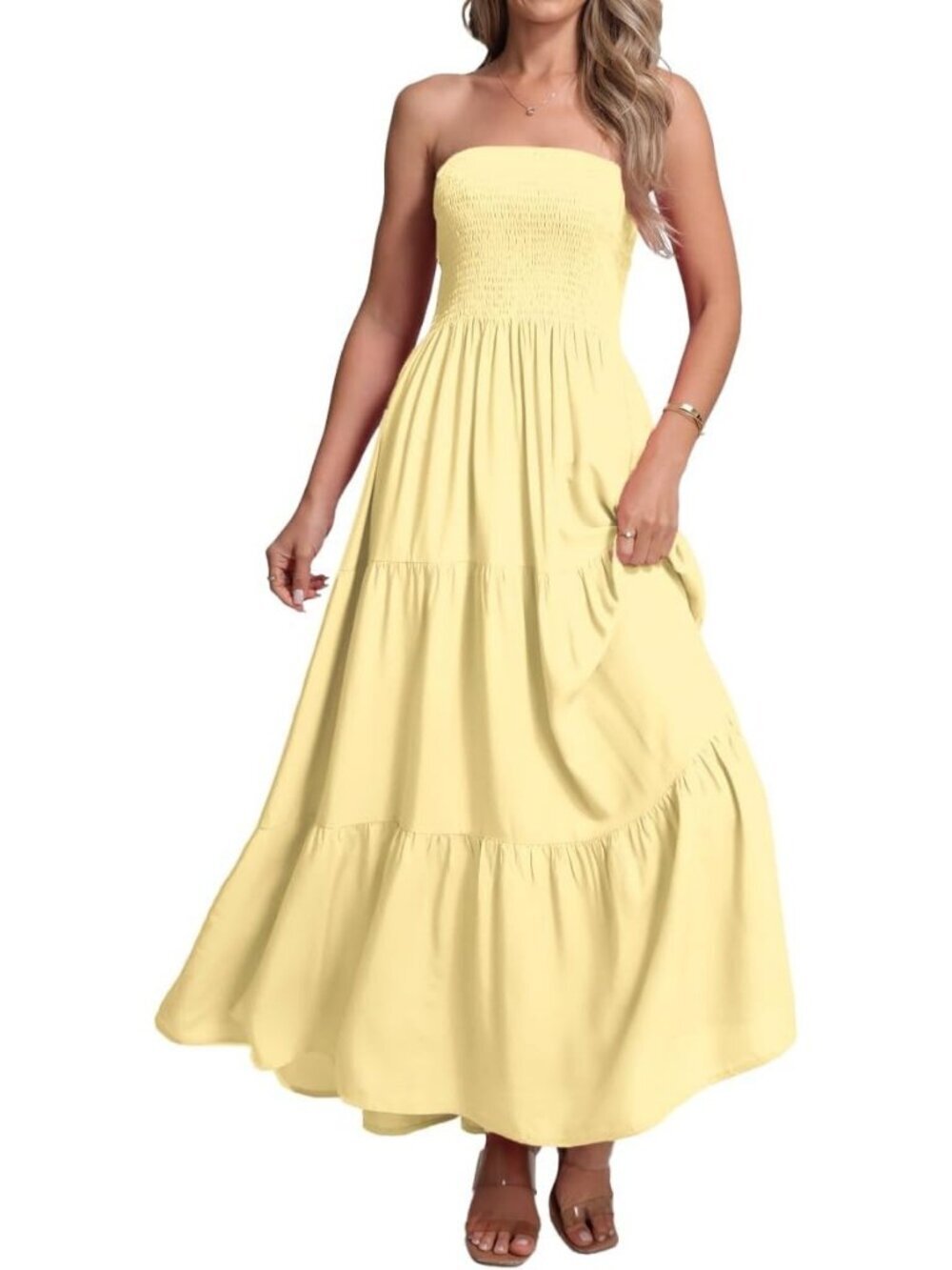 Women's Light Yellow Casual Off Shoulder Strapless Tube Top Beach Maxi Dress